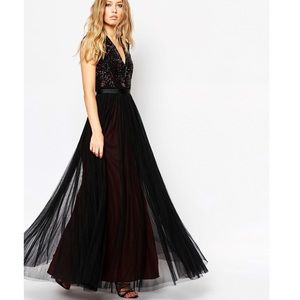 NEEDLE & THREAD V Neck Beaded Tulle Maxi Dress